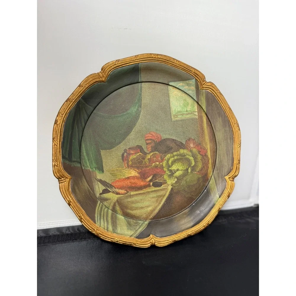 Vintage‎ Scalloped Chinese Decorative Plate Monkey in Turban Cabbage Whimsical
